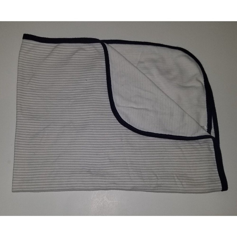 HB Hudson Baby Gray White Striped Cotton Baby Blanket Lovey Navy Blue Trim